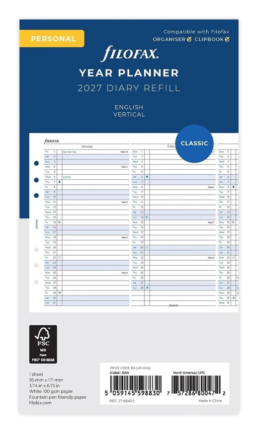 2027 ΗΜΕΡΟΛΟΓΙΟ FILOFAX VERTICAL PERSONAL (9,5x17,1cm) ΑΝΤΑΛΛΑΚΤΙΚΟ ΠΛΑΝΟ ΧΡΟΝΟΥ (ΑΓΓΛΙΚΑ) 2768402