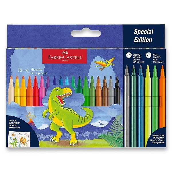 FABER CASTELL ΜΑΡΚΑΔΟΡΟΙ ΔΕΙΝΟΣΑΥΡΟΣ 18 ΧΡΩΜΑΤΑ + 3 METALLIC + 3 NEON ΧΡΩΜΑΤΑ 554222