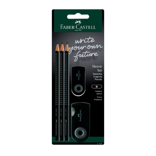 FABER CASTELL ΣΕΤ GRIP 2001 3 ΜΟΛΥΒΙΑ ΞΥΣΤΡΑ MINI SLEEVE HOLE BOX ΚΑΙ ΓΟΜΑ MINI SLEEVE BLACK ΜΑΥΡΟ BLISTER 217086