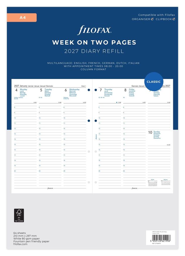 2027 ΗΜΕΡΟΛΟΓΙΟ FILOFAX A4 (21x29,7cm) ΑΝΤΑΛΛΑΚΤΙΚΟ ΕΒΔΟΜΑΔΑ ΣΕ ΔΥΟ ΣΕΛΙΔΕΣ (ΣΕ 5 ΓΛΩΣΣΕΣ) 2768714
