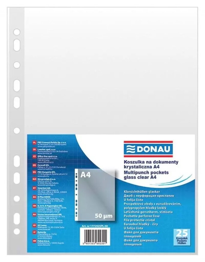 DONAU ΖΕΛΑΤΙΝΑ A4 (21x29,7cm) ΜΕ ΤΡΥΠΕΣ ΕΝΙΣΧΥΜΕΝΗ CRYSTAL CLEAR 50mic (ΠΑΚΕΤΟ 25τεμ) 1772925PL00