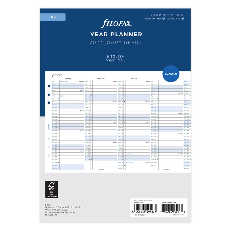2027 ΗΜΕΡΟΛΟΓΙΟ FILOFAX VERTICAL A5 (14,8x21cm) ΑΝΤΑΛΛΑΚΤΙΚΟ ΠΛΑΝΟ ΧΡΟΝΟΥ (ΑΓΓΛΙΚΑ) 2768501
