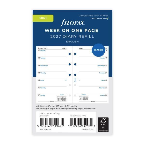 2027 ΗΜΕΡΟΛΟΓΙΟ FILOFAX MINI (6,7x10,5cm) ΑΝΤΑΛΛΑΚΤΙΚΟ ΕΒΔΟΜΑΔΑ ΣΕ ΜΙΑ ΣΕΛΙΔΑ (ΑΓΓΛΙΚΑ) 2768126