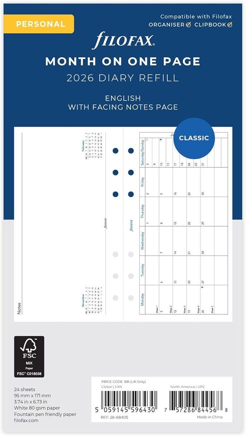 2026 ΗΜΕΡΟΛΟΓΙΟ FILOFAX PERSONAL (9,5x17,1cm) ΑΝΤΑΛΛΑΚΤΙΚΟ ΜΗΝΑΣ ΣΕ ΜΙΑ ΣΕΛΙΔΕΣ ΟΡΙΖΟΝΤΙΟ (ΑΓΓΛΙΚΑ) 2668405