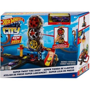 MATTEL HOT WHEELS CITY SUPER TWIST TIRE SHOP PLAYSET SPIN THE KEY TO MAKE CARS TRANEL THROUGH THE TIRES INCLUDES 1 CAR HDP02